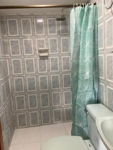 a bathroom with a shower curtain next to a toilet at Manizales premium stay in Manizales
