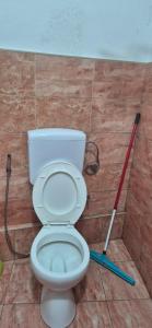 a bathroom with a white toilet and a mop at APARTMAN SARAJEVO DVOKREVETNI-dvije osobe in Sarajevo