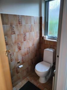a bathroom with a toilet and a window at Family-friendly house in Holluf Pile in Odense +8 photos
