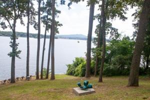 a bench in a park next to a body of water at Yoga Castia Complimentary Canoeing in Hot Springs