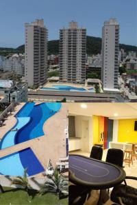 two pictures of a swimming pool on a building at Lazer de resort e vista marcante in Guarujá