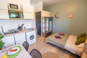 a bedroom with a bed and a kitchen with a sink at L'Exotique - Parking I Netflix I Gare I WIFI TRÈS HAUT DÉBIT - Calme & Cosy in Anzin
