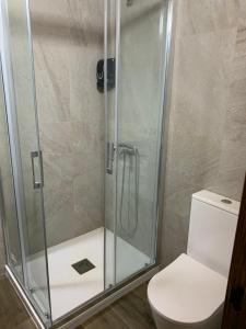une cabine de douche dans une salle de bain avec toilettes dans l'établissement CASA DE LA LASTRA Luena, à San Miguel de Luena