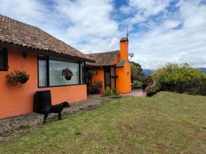 a black dog standing outside of a house at Finca Chiala in Subachoque