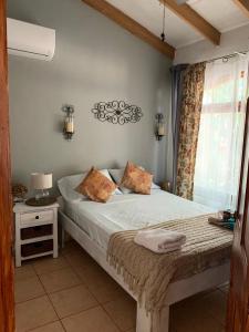 Un dormitorio con una cama grande y una ventana en Oceana Breeze Perfect Getaway steps from the beach, en Sámara