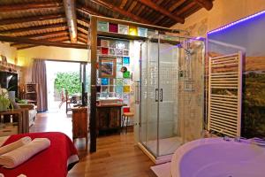 a bathroom with a shower and a tub at Casa Rural El Cuco in Robledillo +25 photos