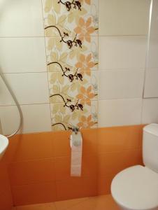 Un baño con inodoro y dispensador de papel higiénico. en Apartments Vicente, en Golden Sands