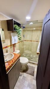 a bathroom with a toilet and a sink and a shower at Casa Bella Apartamentos in Cali +10 photos