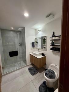 Un baño con ducha, lavabo e inodoro. en Cielito Lindo Studio in the heart of Chapultepec, en Guadalajara