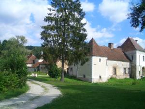 een oud huis met een grote boom ervoor bij Chateau Des Roises in Bucey-en-Othe