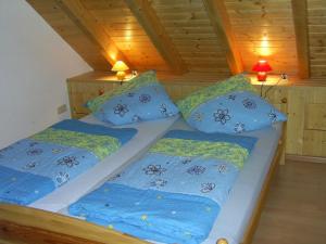 ホルンベルクにあるHinterhauensteinhofのベッドルーム1室(青と緑の枕が備わるベッド2台付)
