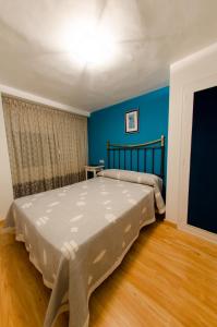 1 dormitorio con 1 cama grande en una habitación con paredes azules en Casa Rural El Solanar, en Castelserás