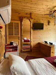 een slaapkamer in een blokhut met een bed en een televisie bij Şana Suit Bungalov in Çamlıhemşin