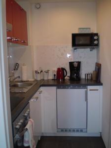 eine kleine Küche mit einer Spüle und einer Mikrowelle in der Unterkunft Ferienwohnung Marinablick in Wendtorf