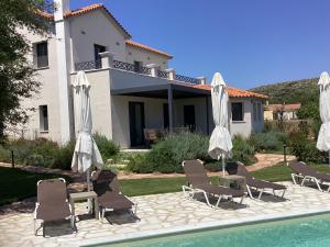 DhorizátaにあるAetheria Villa Kefaloniaのプールサイドの家