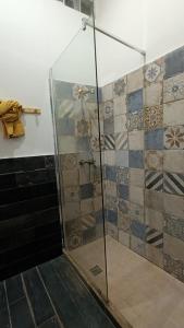 a shower with a glass door in a bathroom at B&B VIA NAPOLI LEVERANO in Leverano