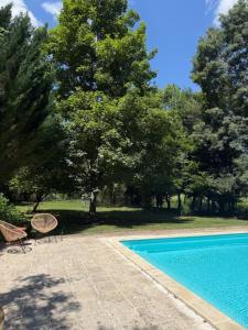 a swimming pool with two chairs next to a tree at La Grange de la Boutelaye in Lésigny