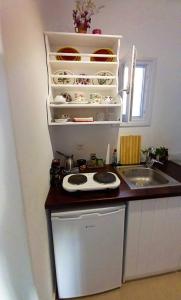 a small kitchen with a stove and a sink at Στούντιο 1 in Donoussa