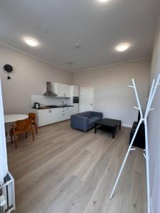 ein Wohnzimmer mit einer blauen Couch und einer Küche in der Unterkunft Getferweg 50-2 City Appartement in Enschede