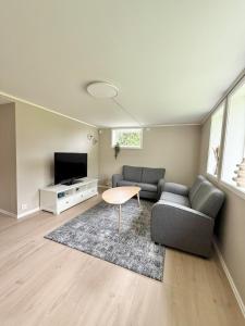 a living room with a couch and a table and a tv at Downtown apartment in Stavanger