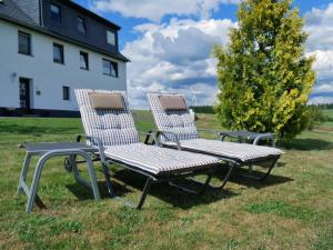 two chairs sitting in the grass in front of a house at Holiday home Eifelhome in Germany in Kleinlangenfeld