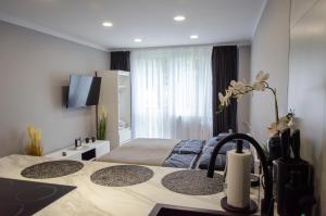 a bedroom with a bed and a large window at Apartament w Centrum Tarnowa Lwowska in Tarnów
