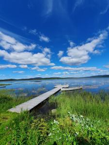 a wooden dock on a body of water at Camp Caroli Villa Aurora in Jukkasjärvi