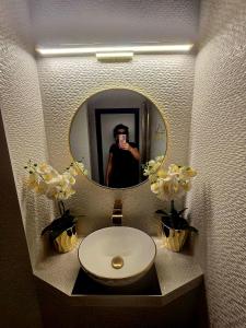 un uomo che scatta una foto a uno specchio del bagno di JEVA Apartman a Hajdúszoboszló Altre 27 foto