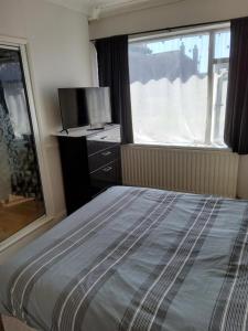 een slaapkamer met een bed, een tv en een raam bij Bats7 in Lincolnshire