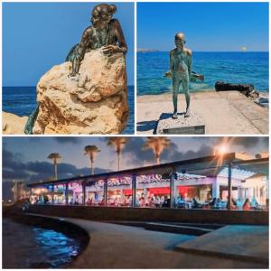 a statue of a man sitting on a rock next to the ocean at Ev Zin - Modern, cozy, 1 bed, pool, 2 balconies, A105 in Nea Paphos