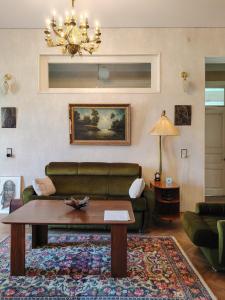 a living room with a green couch and a table at Best place to stay in Lagodekhi in Lagodekhi