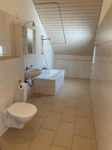a bathroom with a toilet and a sink and a tub at Homely 2,5 room apartment in Safenwil