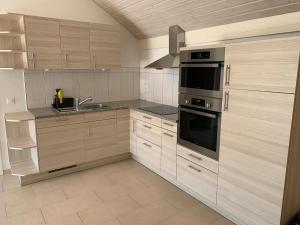 a kitchen with wooden cabinets and stainless steel appliances at Homely 2,5 room apartment in Safenwil