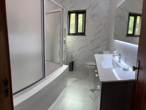 a white bathroom with a shower and a sink at Holiday House, São Roque do Pico in Cais do Pico +18 photos