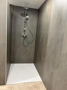 a shower with a shower head in a bathroom at Rheingoldnest in Boppard +5 photos