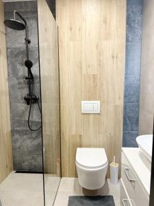 a bathroom with a toilet and a shower at DMR APARTMENTS Central in Košice +11 photos