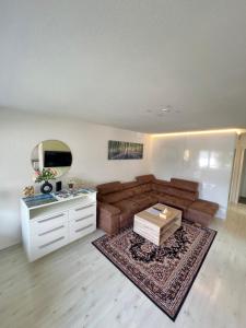 因特拉肯Diamant Apartment的客厅配有棕色的沙发和镜子