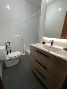 a bathroom with a sink and a toilet and a mirror at Holiday House, São Roque do Pico in Cais do Pico