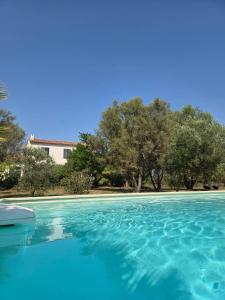 a pool of blue water with trees in the background at Villa provençale à Arles avec piscine privée et vue jardin. in Arles