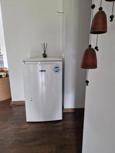 a small white refrigerator sitting in a room at Laumės dvaras in Kruopinė +5 photos