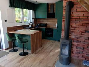 a kitchen with a wood stove in a room at Domek pod Dębem in Sieniawa +15 photos