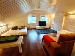 a room with a bed and a couch and a tv at Aada Villa by the slopes in Syöte