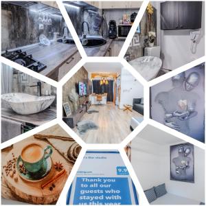 a collage of photos of a kitchen with a cup of coffee at Tiki's Bar studio in Bucharest