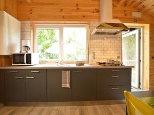 VieuxvilleにあるSpacious Villa Near Riverのグレーのキャビネットと電子レンジ付きのキッチンが備わります。