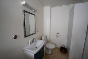 a bathroom with a sink and a toilet and a mirror at Lofoten Lightscape in Moskenes +21 photos