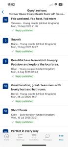 ein Screenshot eines Mobiltelefons mit einer Liste von Artikeln in der Unterkunft Trethvor House FREE PARKING, Ensuite Double Quiet residential area in Padstow