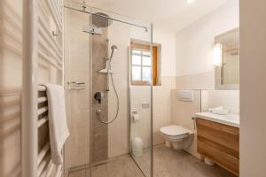 a bathroom with a shower and a toilet and a sink at Land- und Appartementhaus Pircher in Aich +58 photos