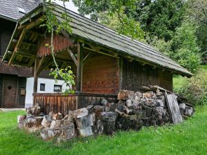 ein Stapel Baumstämme vor einem Gebäude in der Unterkunft Chalet in Arriach near Gerlitzen Ski Area in Arriach