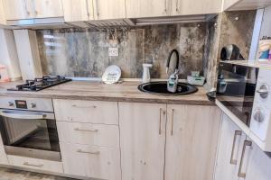 a kitchen with a sink and a stove at Tiki's Bar studio in Bucharest +35 photos