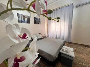 a bedroom with a bed and a plant with white flowers at Pompeano House in Mazara del Vallo